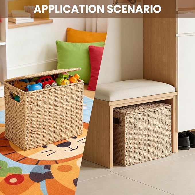 14 Inch Toilet Paper Storage Basket with Lid, 6-Roll Bathroom Organizer, Woven Paper Rope Basket for Narrow Spaces, Multi-Purpose Holder for Towels, Utensils, Picnic & Home Decor