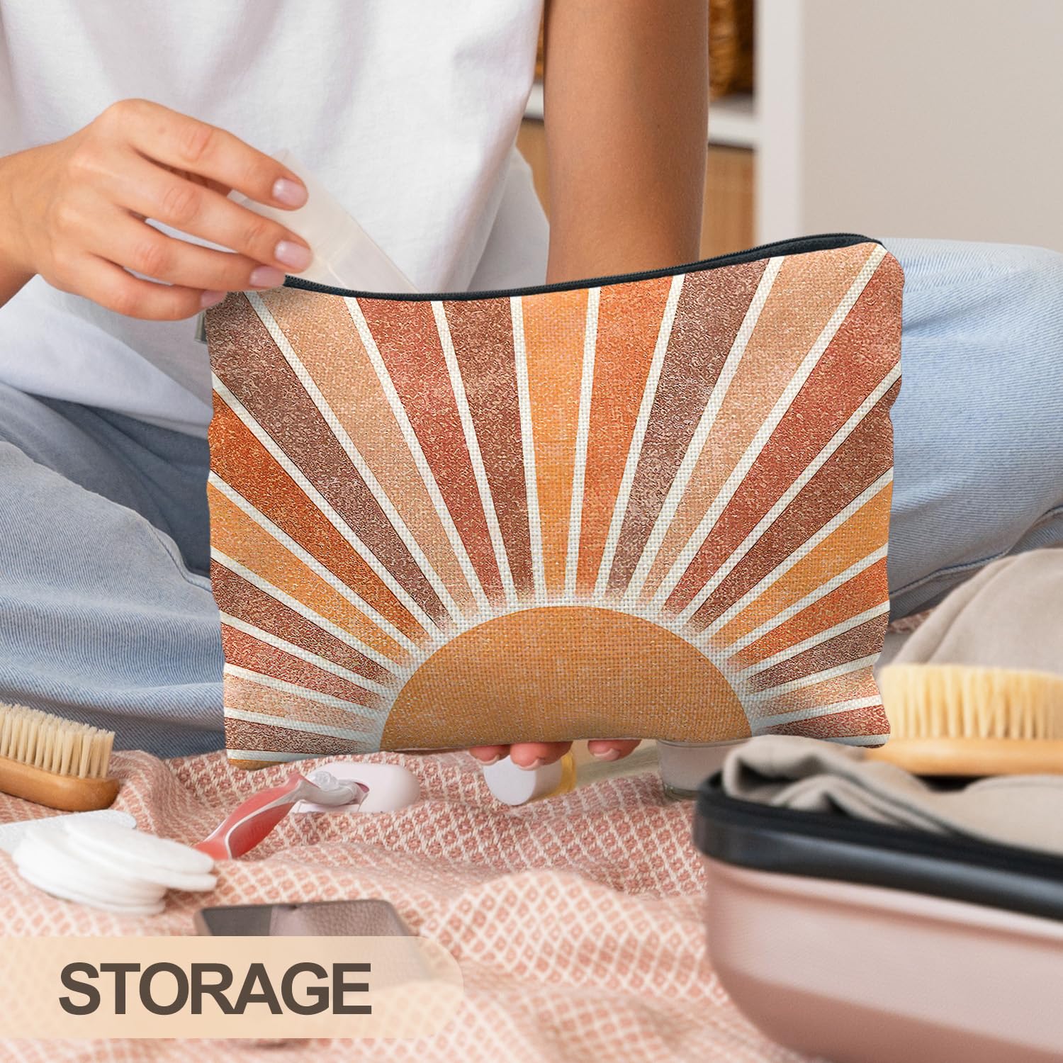 RYYCDOI Boho Makeup Bag - Vintage Neutral Sun Cosmetic Bags for Women, Summer & Beach Use