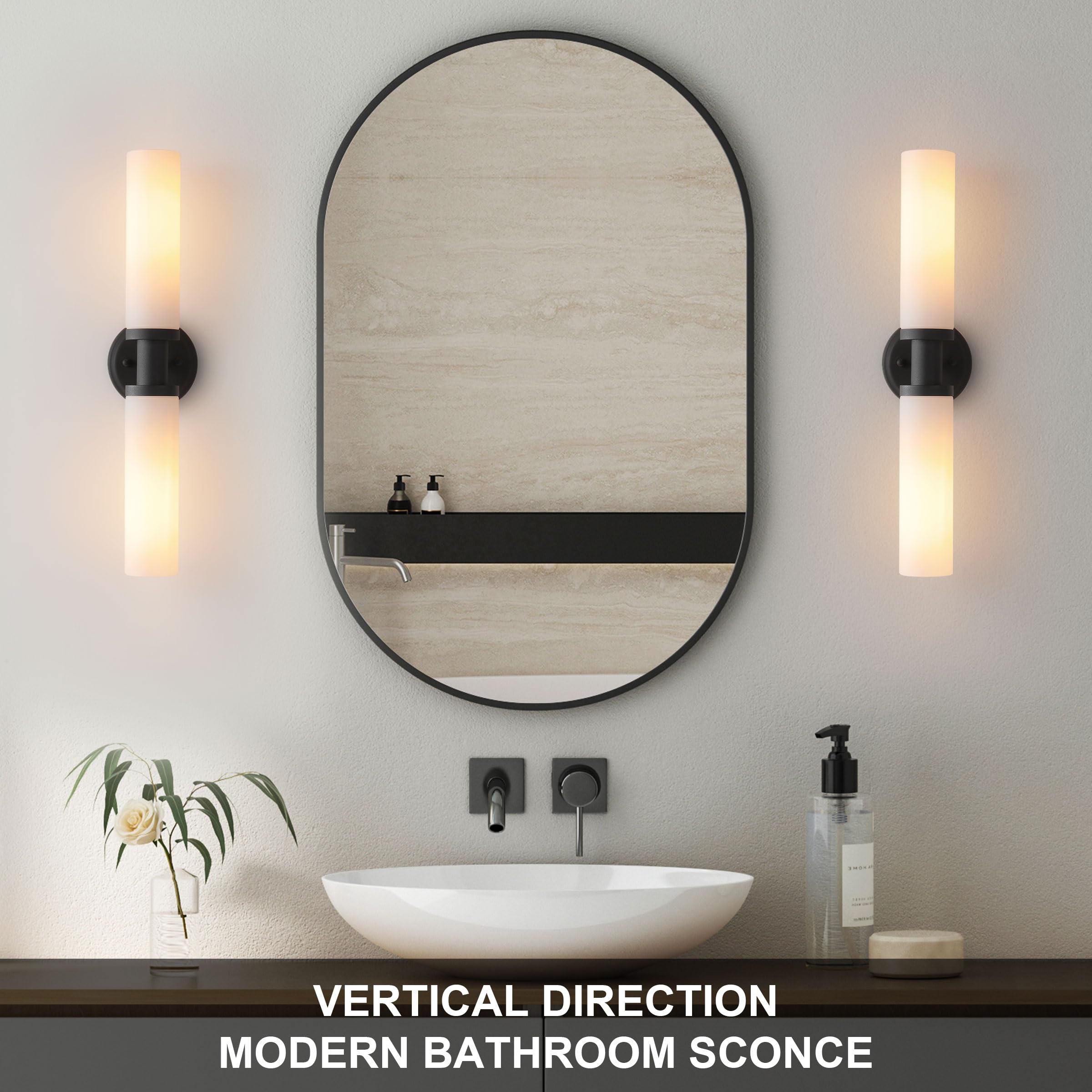 Wall Sconces Set of Two,Matte Black Bathroom Sconces Wall Lighting with White Glass, Modern Sconces Wall Decor Set of 2 Wall Light fixtures for Bathroom Mirror Living Room Hallway Bedroom Wall Lamp