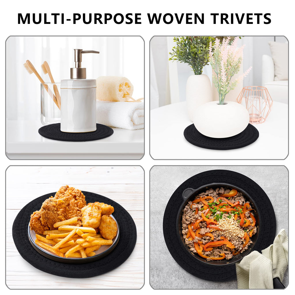 Coga Trivets for Hot Dishes, 5 Pack 7 Inch Cotton Hot Pads for Kitchen with Storage Basket, Round Pot Holders for Kitchen, Heat Resistant Mats for Countertop, Pots and Pans, Farmhouse Decor, Black