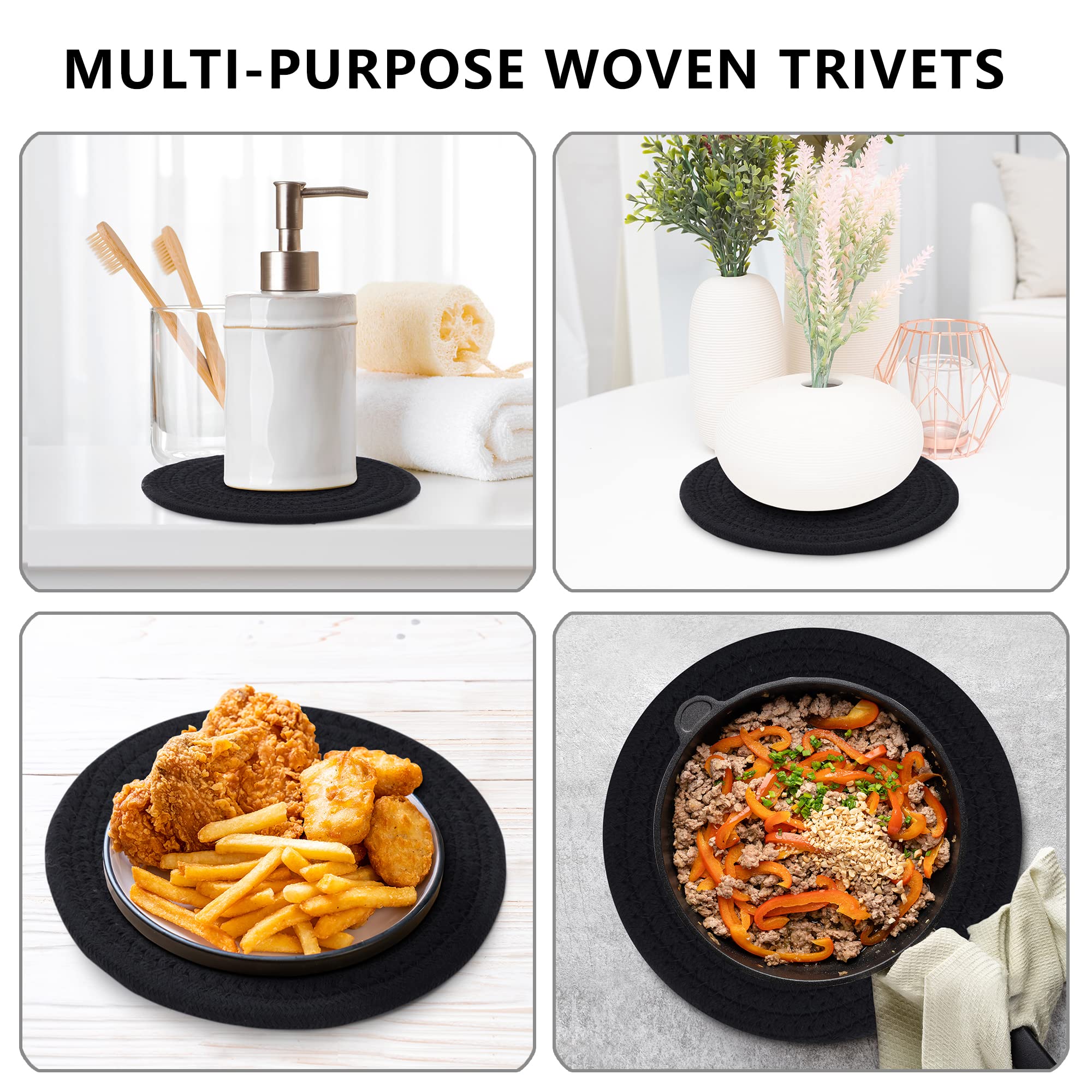 Coga Trivets for Hot Dishes, 5 Pack 7 Inch Cotton Hot Pads for Kitchen with Storage Basket, Round Pot Holders for Kitchen, Heat Resistant Mats for Countertop, Pots and Pans, Farmhouse Decor, Black