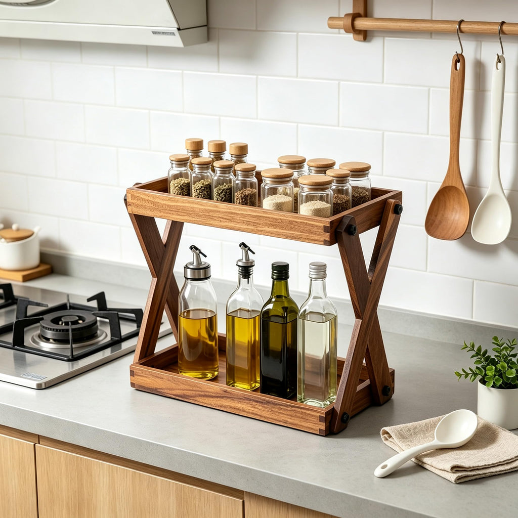 2 Tier Wood Countertop Organizer Shelf for Kitchen Bathroom Spice Storage