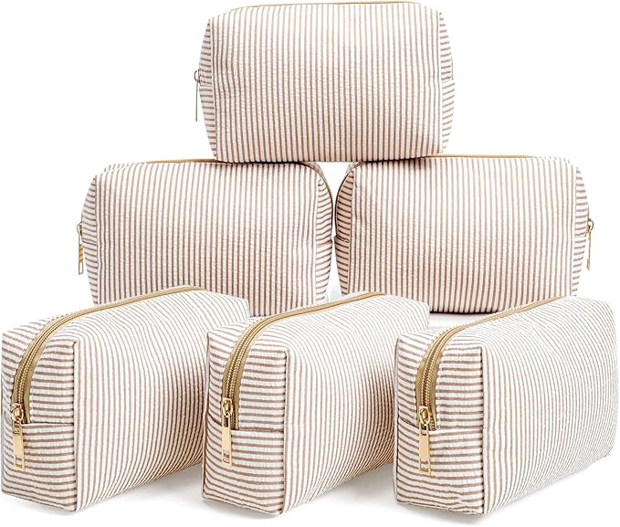 Sanwuta 6 Pcs Seersucker Cosmetic Bags Bulk Seersucker Makeup Bags Stripe Women Pouch Large Preppy Storage Pouch Toiletry Travel for Wedding Bridesmaid Bride Favor Back to Teacher Gift (Khaki)