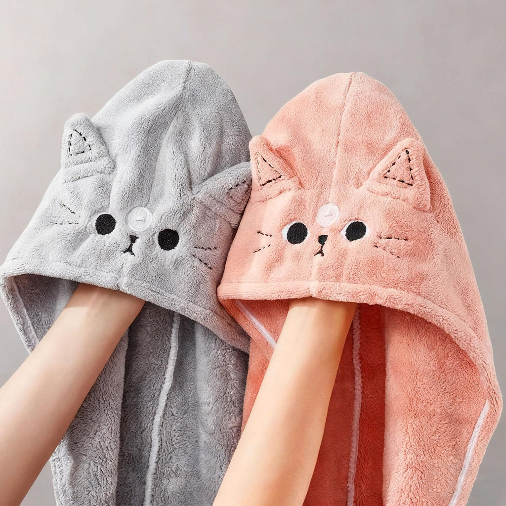 KIGOTWIN 2Pack Microfiber Hair Towel Wrap for Kids, Cute Cat Absorbent Hair Drying Turbans Head Towels for Women Girls (Pink and Gray cat)