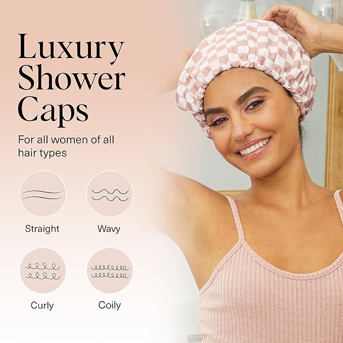 Kitsch Luxury Satin-Lined Flexi Shower Cap for Women - Terracotta Checker