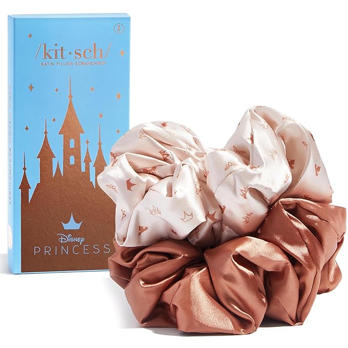Kitsch & Disney Satin Scrunchies for Women - No Crease Hair Ties for Girls | Big Scrunchies with All Hair Types and Textures, Perfect for Day or Night - 2 Pcs, Desert Crown