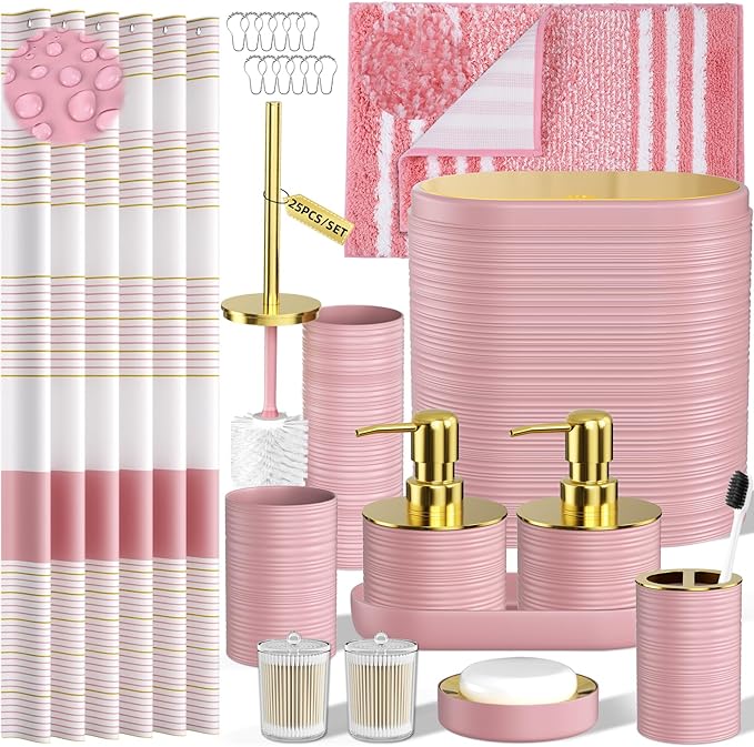 InnJoey Bathroom Set - Bathroom Sets with Shower Curtain and Rugs, 25PC Bathroom Accessory Set, Pink Bathroom Accessories Set with Trash Can, Soap Dispensers