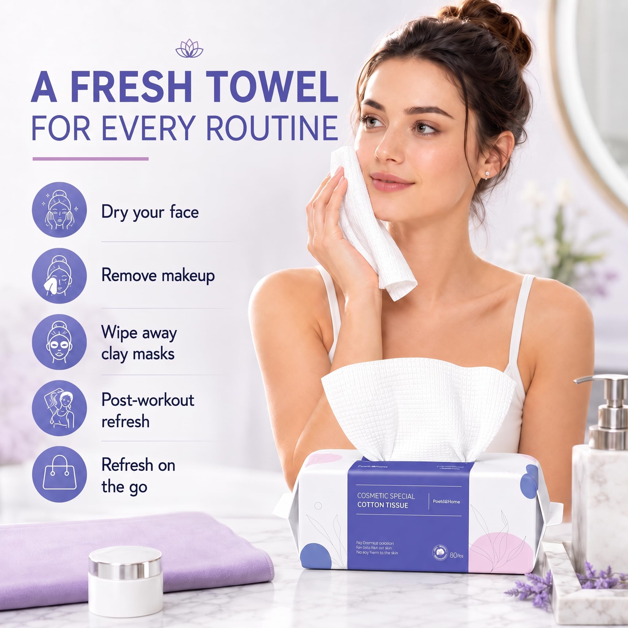 PoeticEHome Disposable Face Towel | Thick & Absorbent | Clean Face Tissue Biodegradable | Cotton Dry Wipes for Facial Cleansing & Makeup Removing