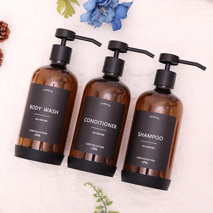 Janxin Shampoo and Conditioner Dispenser Set of 3,Refillable 21oz Shampoo Bottles with Non-Slip Protective Silicone Pad,Shower Soap Dispenser with Waterproof Labels for Bathroom (Amber)