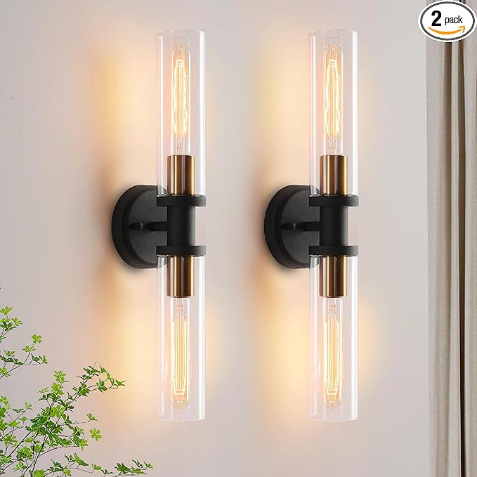 Black and Brass Gold Wall Sconces Set of Two with Clear Glass Shade - Indoor Wall Decor Set of 2