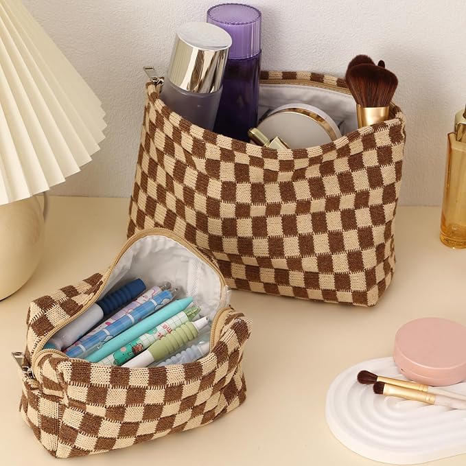 LYDZTION Large Capacity Makeup Bag Set - 3 Pieces Checkered Cosmetic Bag for Women Travel Makeup Bag Organizer Cute Makeup Brushes Storage Bag Travel Toiletry Bag Storage Bag for Women,Brown