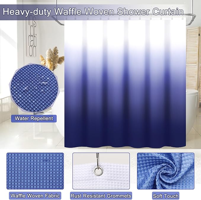 XLHOMO 30PCS Navy Blue Bathroom Accessories Set with Waffle Shower Curtain,Trash Can,3PCS Lotion Soap Dispenser, Toothbrush Holder, Soap Dish,Tumbler Cup,6PCS Wood Tags Bath Accessories with Tray