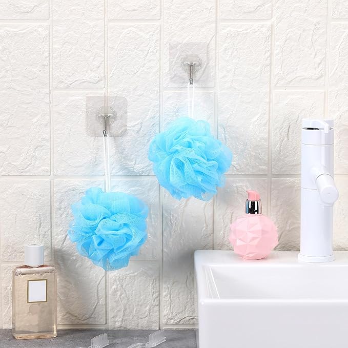 Funnymoom 12 Pcs Travel Size Loofah Individually Wrapped, Small Shower Puff Bath Sponge Pouf Ball Bulk Mesh Bath Puff Mini Loofah Sponge with Case Bulk for Shower Care (25g,Blue)
