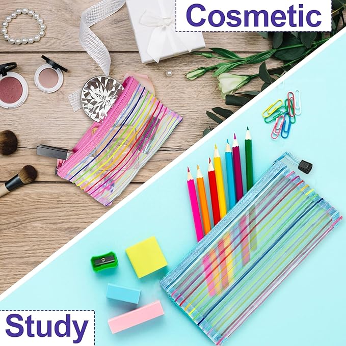CarryEpic Mesh Bags with Zipper (6 Pack), Small Nylon Makeup Bag Cosmetic Pouches Travel Organizer for Purse Diaper Bag Home Organizing Striped Mix 6 Colors