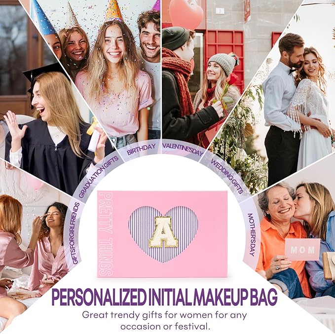 2 PCS Initial Makeup Bags for Women: Cosmetic Bag for Travel Toiletry - Birthday Gifts for 11 12 13 14 15 16 17 18 Years Old Girl Graduation Teacher Gift- Teen Girl Gifts Trendy Stuff - Purple T