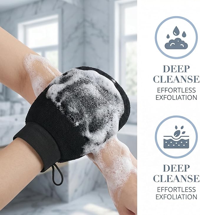 Skincare Body Exfoliating Glove - Mitt for Dry Skin, Bumpy Skin & Self Tan Remover - Dual-Action Dead Skin Eraser for Smooth Skin Black 2pcs