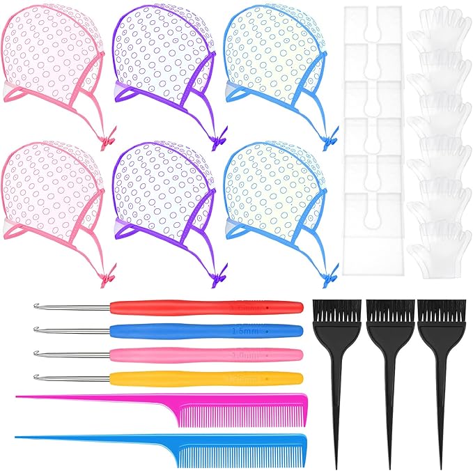 27 Pcs Hair Highlighting and Coloring Kit, Include 6 Highlight Cap for Hair Dying Coloring Frosting Caps 6 Dye Shawl 6 Pair Gloves 3 Dye Brush 4 Needle 2 Rat Tail Comb for Salon Hairdressing