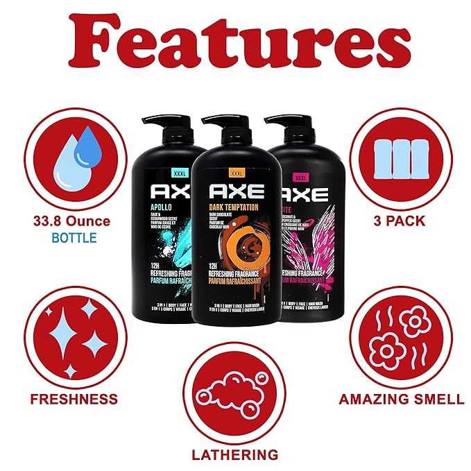 AXE Men's Body Wash Variety 3-Pack, Dark Temptation, Apollo, and Excite 3-in-1 Body, Face & Hair Wash, 32 Oz Ea