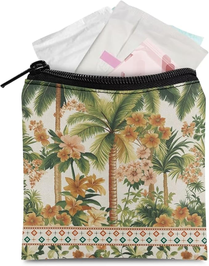 Novelty Printed Coconut Tree Period Pouch Waterproof Sanitary Pad Holder for Women Convenient Period Organizer for Work Daily