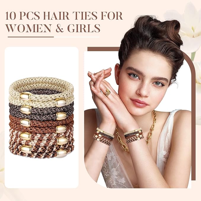 FORENEE Hair Ties No Damage - 10PCS Ponytail Holders - Elastic Hair Ties for Thick Hair - Braided Hair Bands for Women Girls's Hair - Wood Grain
