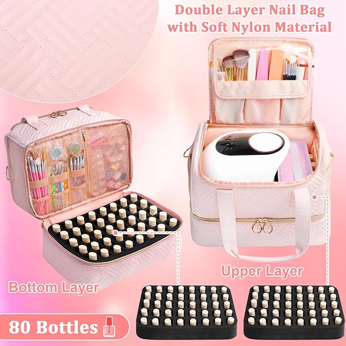 Veirdro Nail Polish Organizer Bag Holds 80 Bottles (15ml/0.5fl.oz)& Nail Lamp, Soft Velvet Nail Kit Storage Carrying Case with Shoulder Strap, Double Layer Nail Supplies Organizer Handbag Women (Pink)