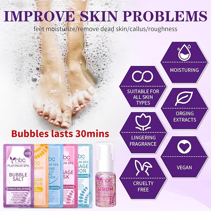 nbc BeautiLab Pedicure Foot Soak Set - Upgraded 6 in 1 Foot Spa, Foot Bath Spa, Pedicure Kit for Tired & Dry Cracked Feet, Athletes Feet, Bad Odor, Softens Calluses (3 Set Lavender)