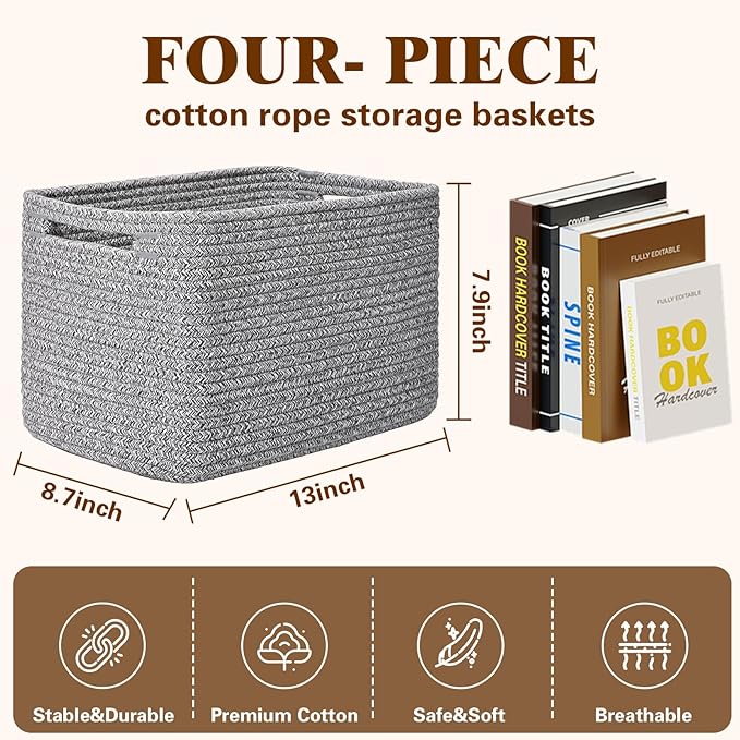 Storage Baskets for Organizing, 4 Pack Baskets for Shelves, Decorative Storage Bins for Shelves, Cotton Rope Storage Basket with Handles, Woven Basket for Storage, 13''Lx8.7''Wx7.9''H, Gray
