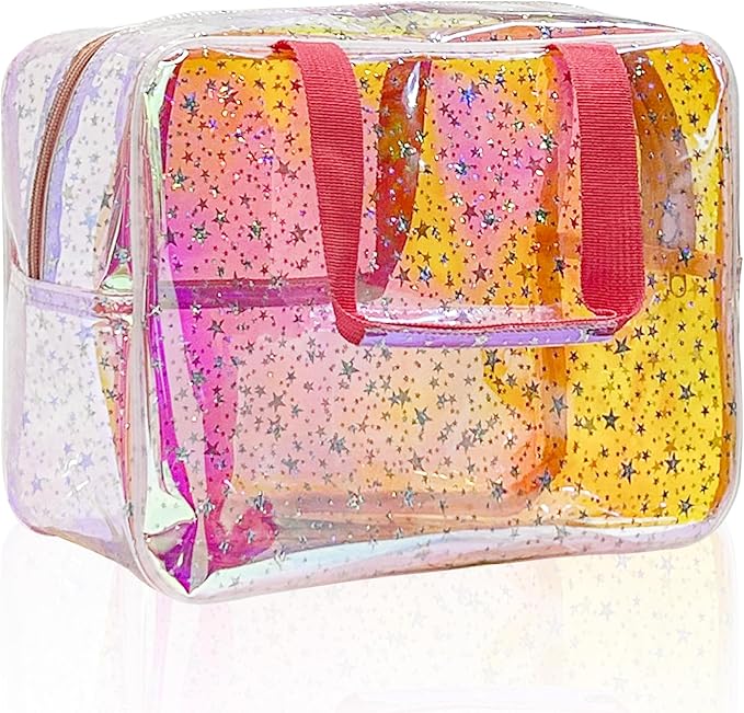 TotePrint TPU Holographic Pink Clear Star Large Cosmetic Bag and Travel Pouch with Handle,Durable TPU Material,Zipper Design-Ideal for Makeup,Travel Essentials (Holographic pink)
