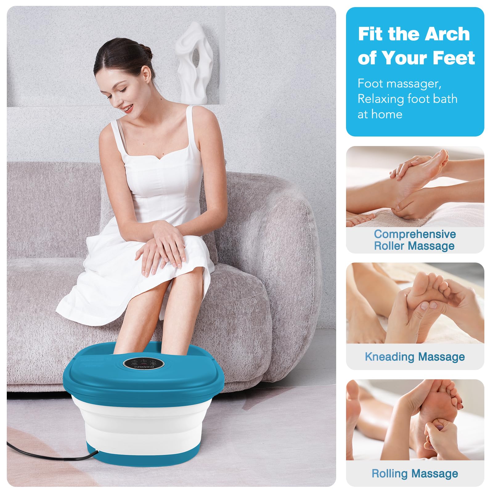 KNQZE Collapsible Foot Spa Bath with Heat & Bubble, Foot Soaking Tub with Timer and Red Light, 16 Rollers & Pumice Stone, Enjoy Warm Water Foot Bath, Gift for Wife and Mom, Blue
