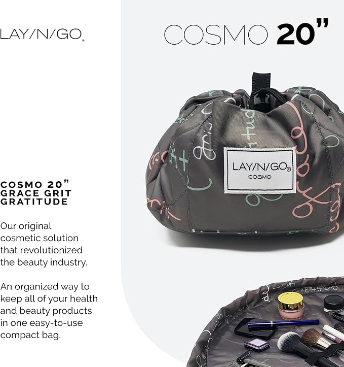Lay-n-Go Cosmo Drawstring Cosmetic & Makeup Bag Organizer - Portable Drawstring Makeup Bag w/Zipper Pocket & More - Durable, Machine Washable Toiletry Bag for Travel (20", Grit Grace Gratitude)