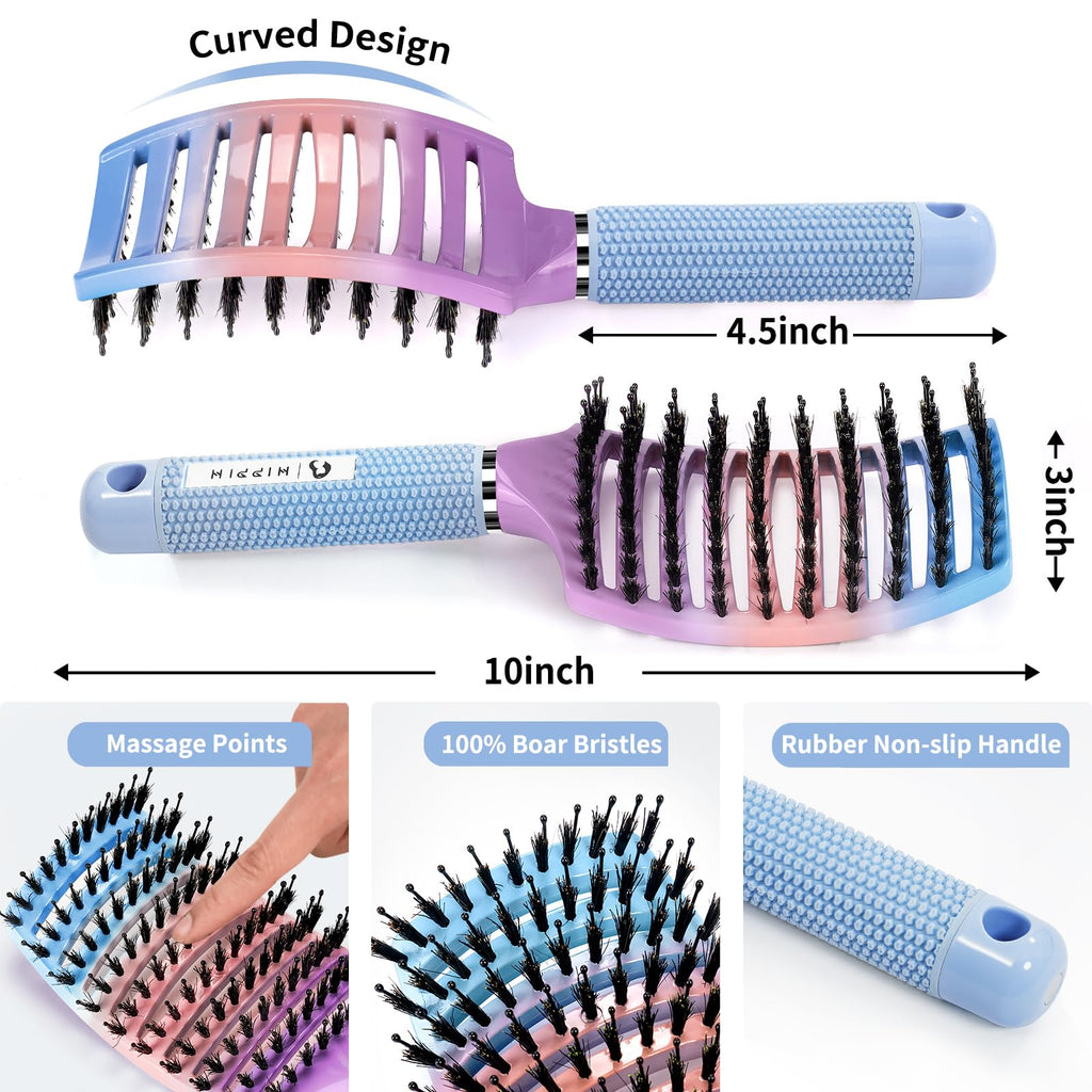 Boar Bristle Hair Brush Set of 2, HIPPIH Wet & Dry Hair Brushes Made by Fine Natural Boar Hair Can Adds Shine and Smoothing, Detangling Hairbrush for Women, Men & Kids' Long Curly Thick Hair