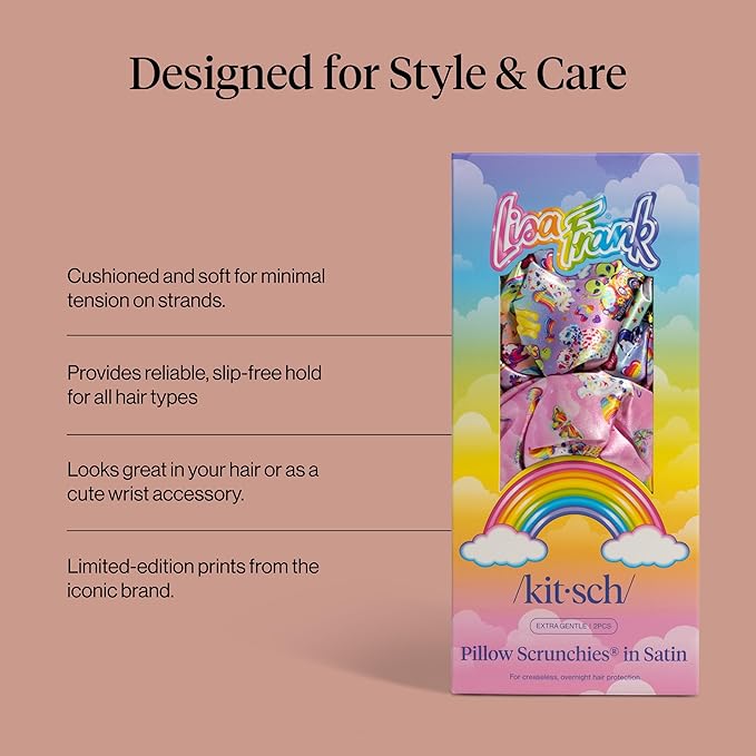 Lisa Frank x Kitsch Pillow Satin Scrunchies for Women - Hair Ties No Damage, No Crease Hair Accessories | For Day or Night Use - 2pcs