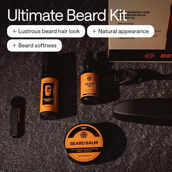 Premium Beard Care Kit for Men – 4-in-1 Grooming Set with Beard Oil, Balm, Cleansing Spray & Comb – Mustache & Beard Grooming Gifts for Men