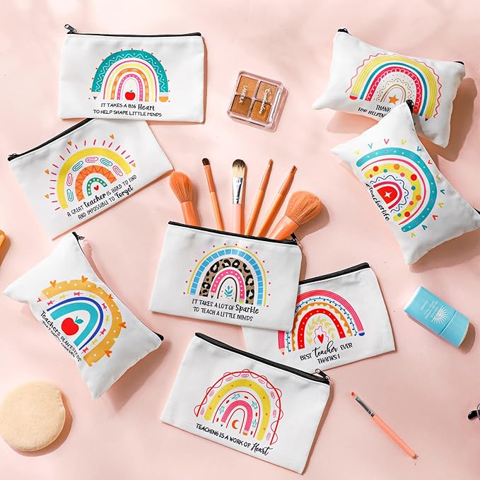 Yahenda 16 Pcs Graduation Canvas Makeup Bags Bulk for Women Appreciation Inspirational Gifts Cosmetic Zipper Pencil Pouch Travel Toiletry Bag for Teacher Birthday Mother's Day(Teacher)