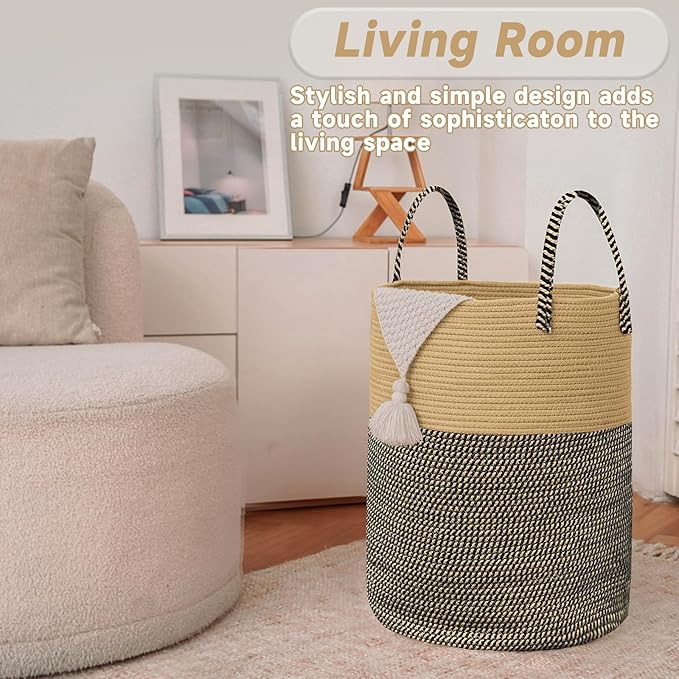 JMvicyroam Large Woven Laundry Basket Hamper,80L Cotton Rope Storage Bin for Blankets,Toys and Clothes,Decorative Tall Nursery Hamper for Living Room,Baby Nursery,Bathroom and Bedroom,Brown and Black