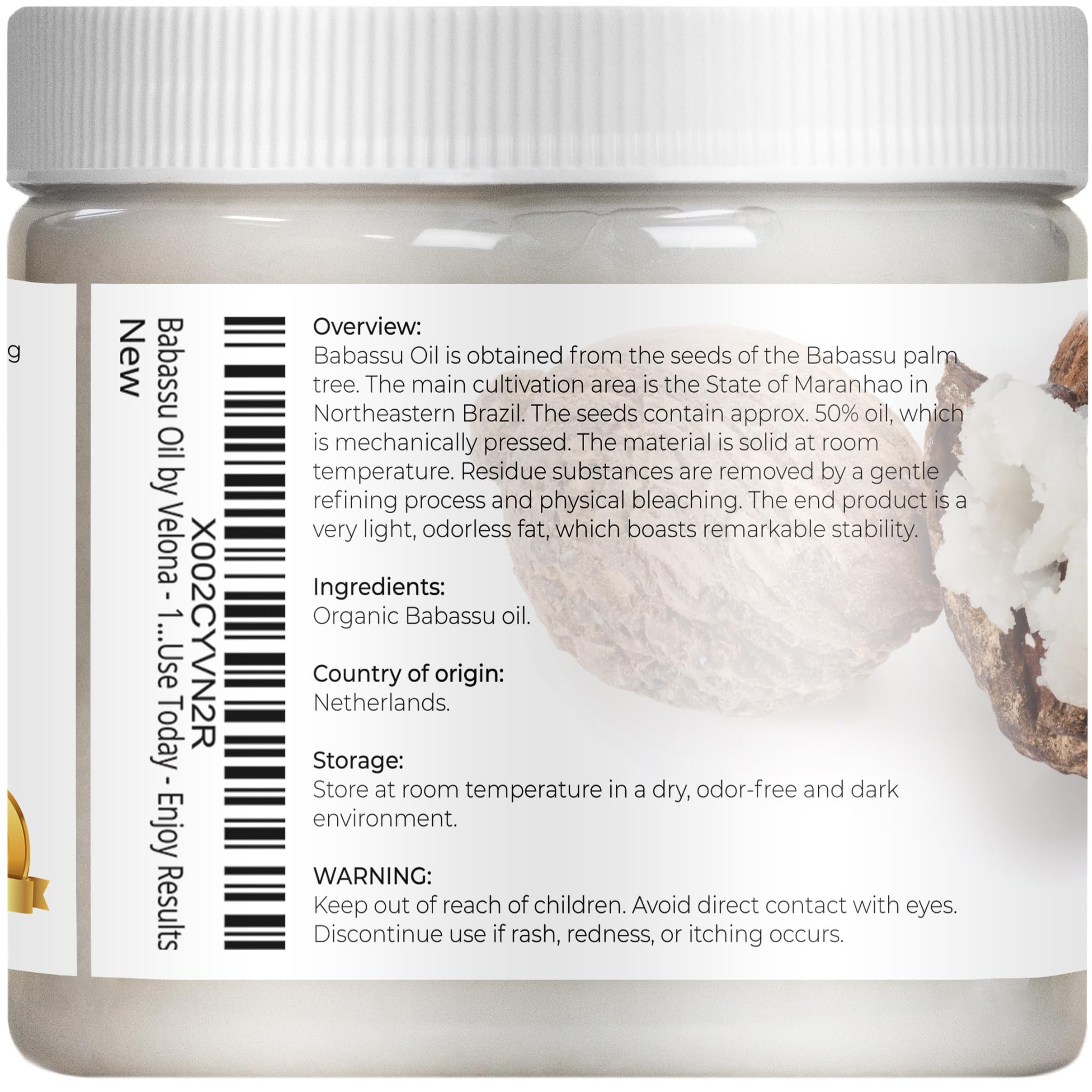 velona Babassu Oil USDA Certified Organic - 16 Fl Oz | 100% Pure and Natural Carrier Oil | Refined, Cold Pressed | Face, Hair, Body & Skin Care and Cooking | Use Today - Enjoy Results