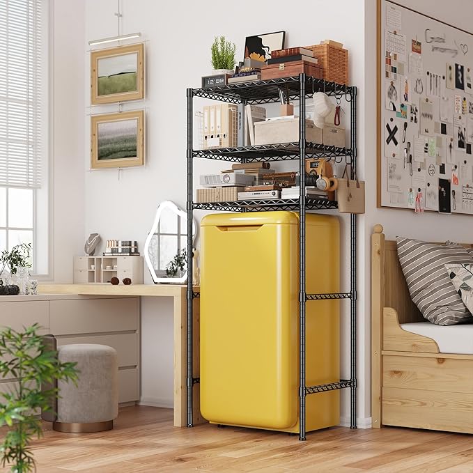 REIBII 3 Tier Mini Fridge Shelf with Storage for Dorm Adjustable Shelving Metal Storage Shelves Rack Mini Fridge and Microwave Stand for College Rooms Kitchen, Office, 65.36Hx18.1Dx26.38W, Black