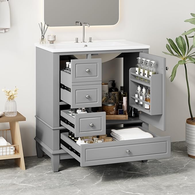 Harper & Bright Designs 30" Bathroom Vanity with Sink, Free Standing Single Vanity Set with 3 Drawers and One Door with Storage Racks, Solid Wood Storage Cabinet with Ceramic Basin for Bathroom, Grey