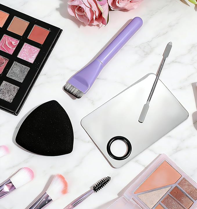 4Pcs Foundation Mixing Palette, Metal Foundation Mix Palette and Spatula Brush Makeup, Perfect for Mixings Mediums, Ideal for Women & Girls, Stainless Steel Easy to Clean