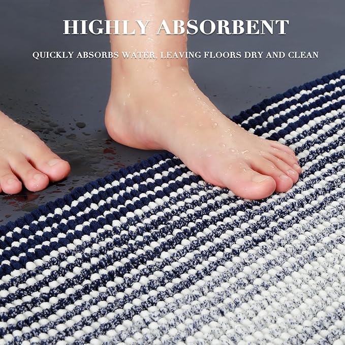 BSICPRO Bathroom Rugs and Mats Sets, 2 Piece Thick Absorbent Chenille Non Slip Soft Shaggy Floor Mats Machine Washable (20" x 47" Plus 16" x 24", Navy)