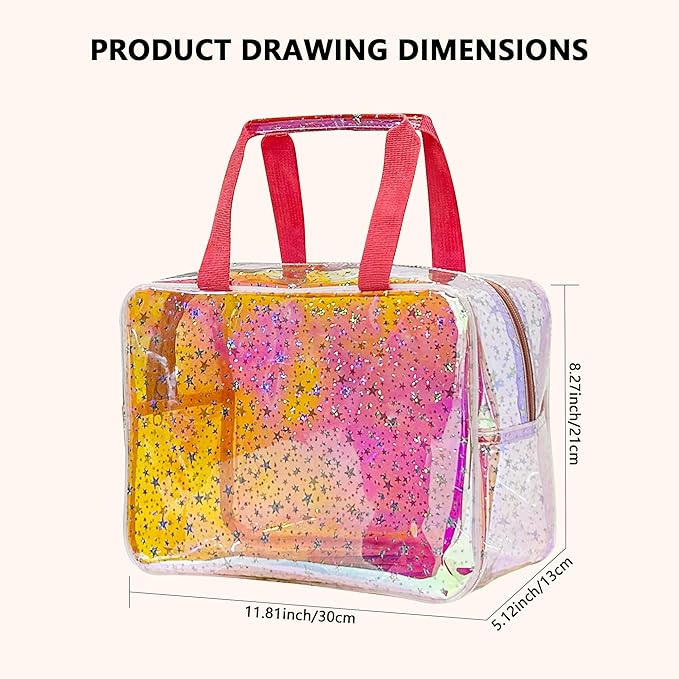 TotePrint TPU Holographic Pink Clear Star Large Cosmetic Bag and Travel Pouch with Handle,Durable TPU Material,Zipper Design-Ideal for Makeup,Travel Essentials (Holographic pink)