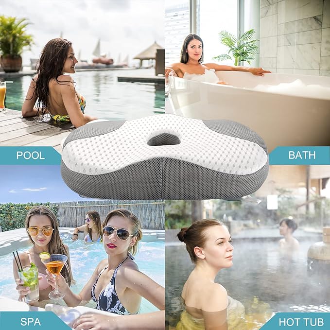 Idle Hippo Hot Tub Booster Seat, 4D Air Mesh Hot Tub Pillow with Powerful 6 Non-Slip Suction Cups, Ergonomic Booster Cushion, Quick Dry Spa Pillow for Indoor Outdoor Hot Tub-White/Grey