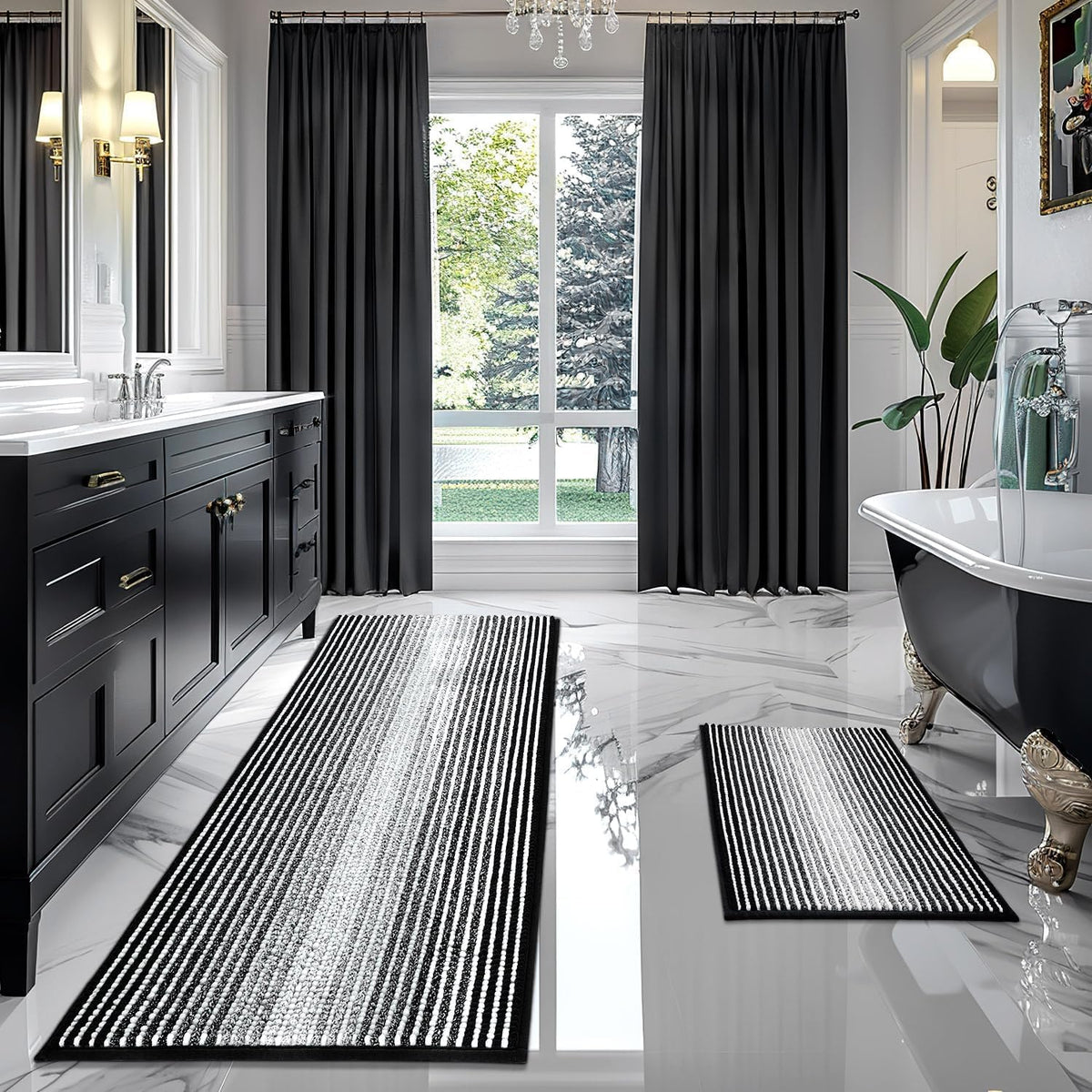 BSICPRO Bathroom Rugs Sets 2 Piece, Non Slip Striped Bath Mats, Black