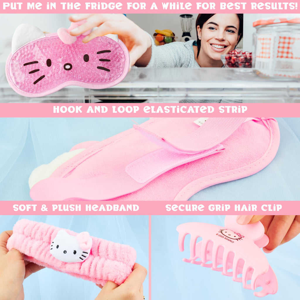 Hello Kitty Sanrio Beauty Set for Women, Teens with Cooling Gel Eye Mask, Plush Skincare Headband, Claw Clip, Eye Pads, Kawaii Gifts for Women (Pink Hello Kitty)