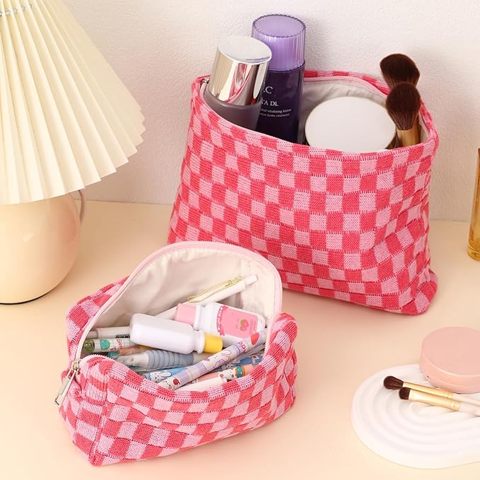 LYDZTION Large Capacity Makeup Bag Set - 3 Pieces Checkered Cosmetic Bag for Women Travel Makeup Bag Organizer Cute Makeup Brushes Storage Bag Travel Toiletry Bag Storage Bag for Women,Pink