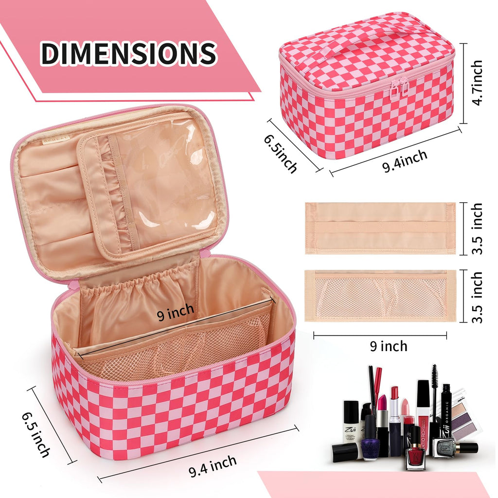 OCHEAL Makeup Bag Portable Cosmetic Bag For Women, Large Capacity Travel Makeup Case Organizer, Toiletry Bag for Girls Traveling With Handle and Divider-Pink