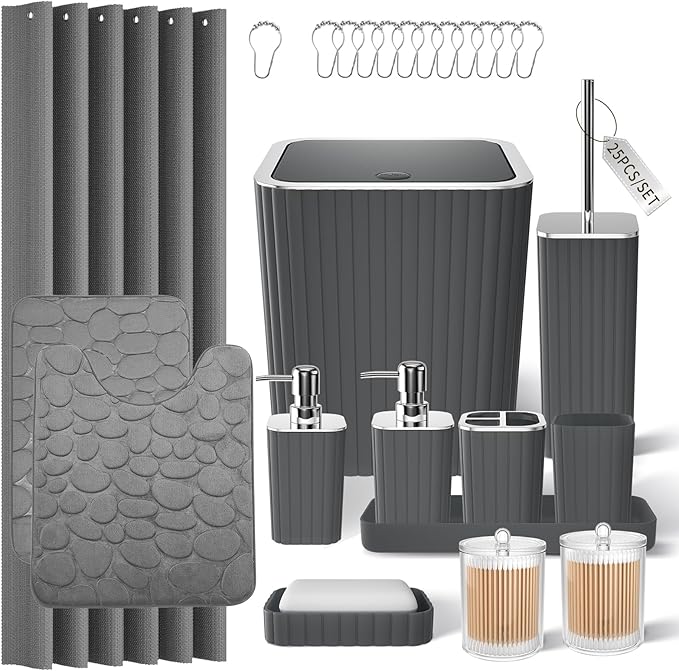 XLHOMO Bathroom Accessory Set - 25PC Green Bathroom Sets, Bathroom Set with Shower Curtain and Rugs, Dark Green Shower Curtain Set, Trash Can, Qtip Holder & Soap Dispenser