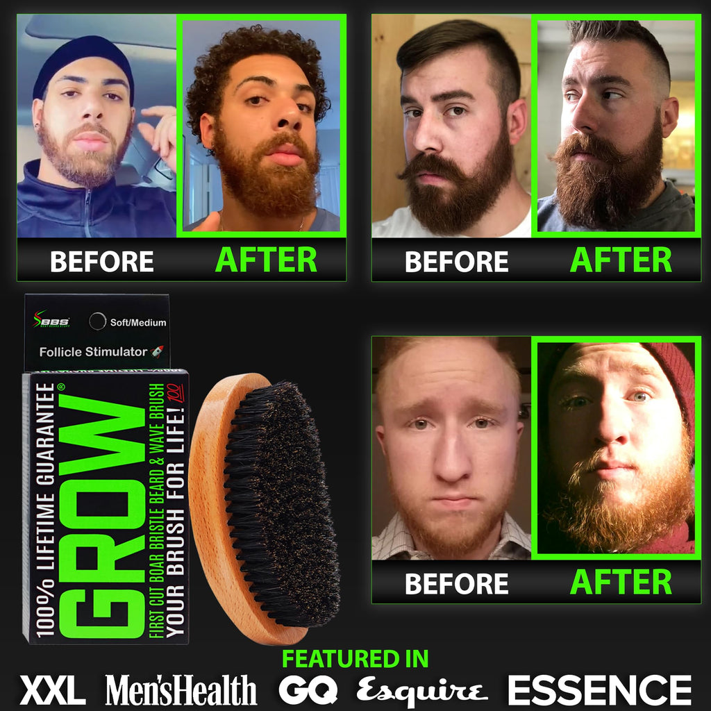 GROW Beard Brush & 360 Wave Brush for Men - Natural Boar Bristle For Fuller, Thicker Hair, Beard & Mustache - Premium Full-Size to Exfoliate, Strengthen Hair, Stimulate & Boost Growth