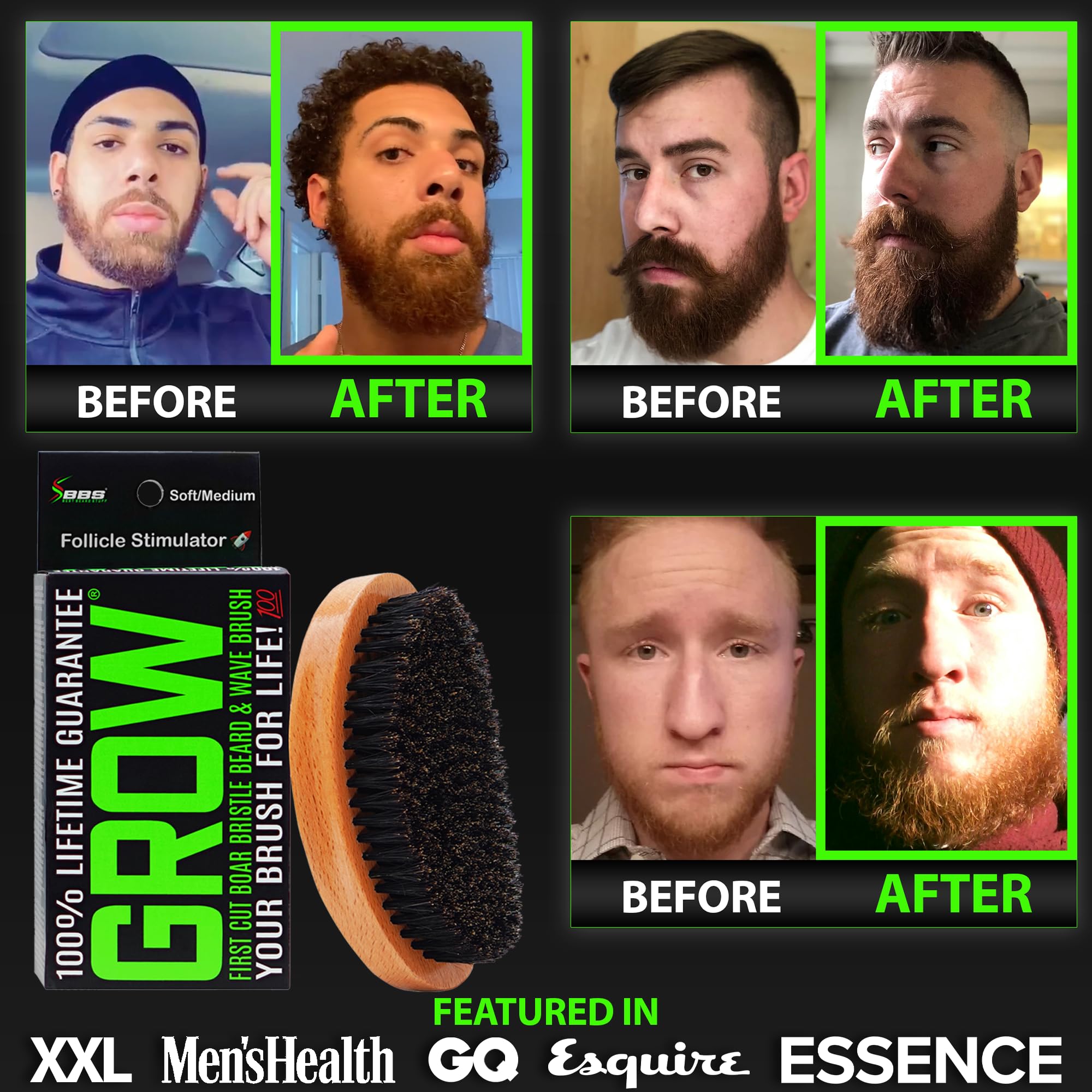 GROW Beard Brush & 360 Wave Brush for Men - Natural Boar Bristle For Fuller, Thicker Hair, Beard & Mustache - Premium Full-Size to Exfoliate, Strengthen Hair, Stimulate & Boost Growth