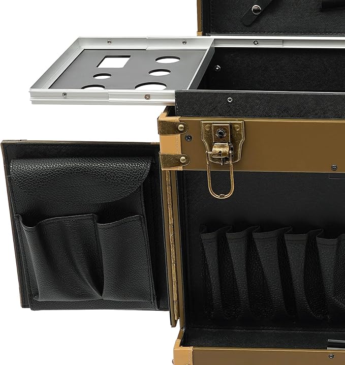 QUEWATSA Rolling Makeup Case Large Storage Cosmetic Trolley, Rolling Lockable Makeup Train Case, Stylist Beauty Salon Cosmetic Luggage Travel Organizer Tool Box with Hair Dryer Holder (Gold)